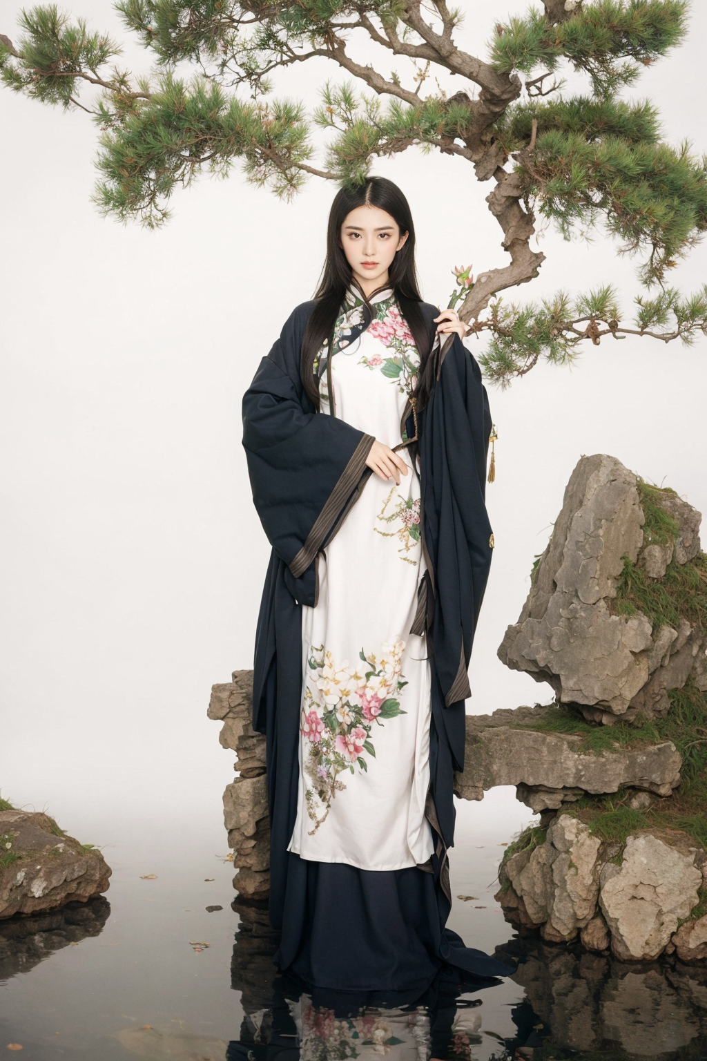 02661-2184325892-1girl, long hair, solo, flower, branch, rock, black hair, dress, white dress, standing, water, full body, chinese clothes, holdi.png